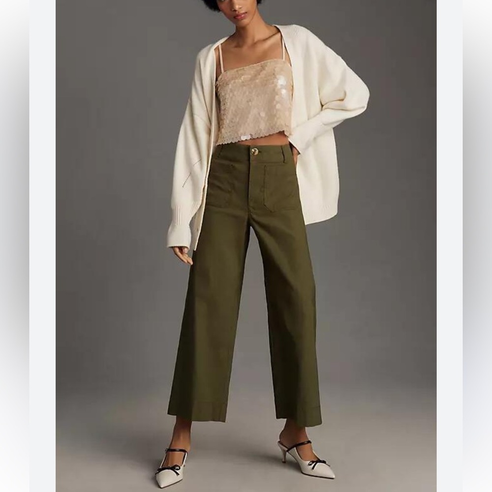 Maeve The Colette Wide Leg Cropped Olive Green Stretch Pants-30/М - Picture 10 of 16